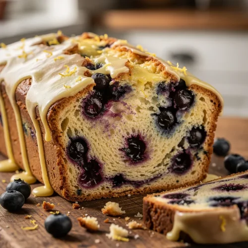 Lemon blueberry pound cake with glaze and fresh blueberries on a wooden board
