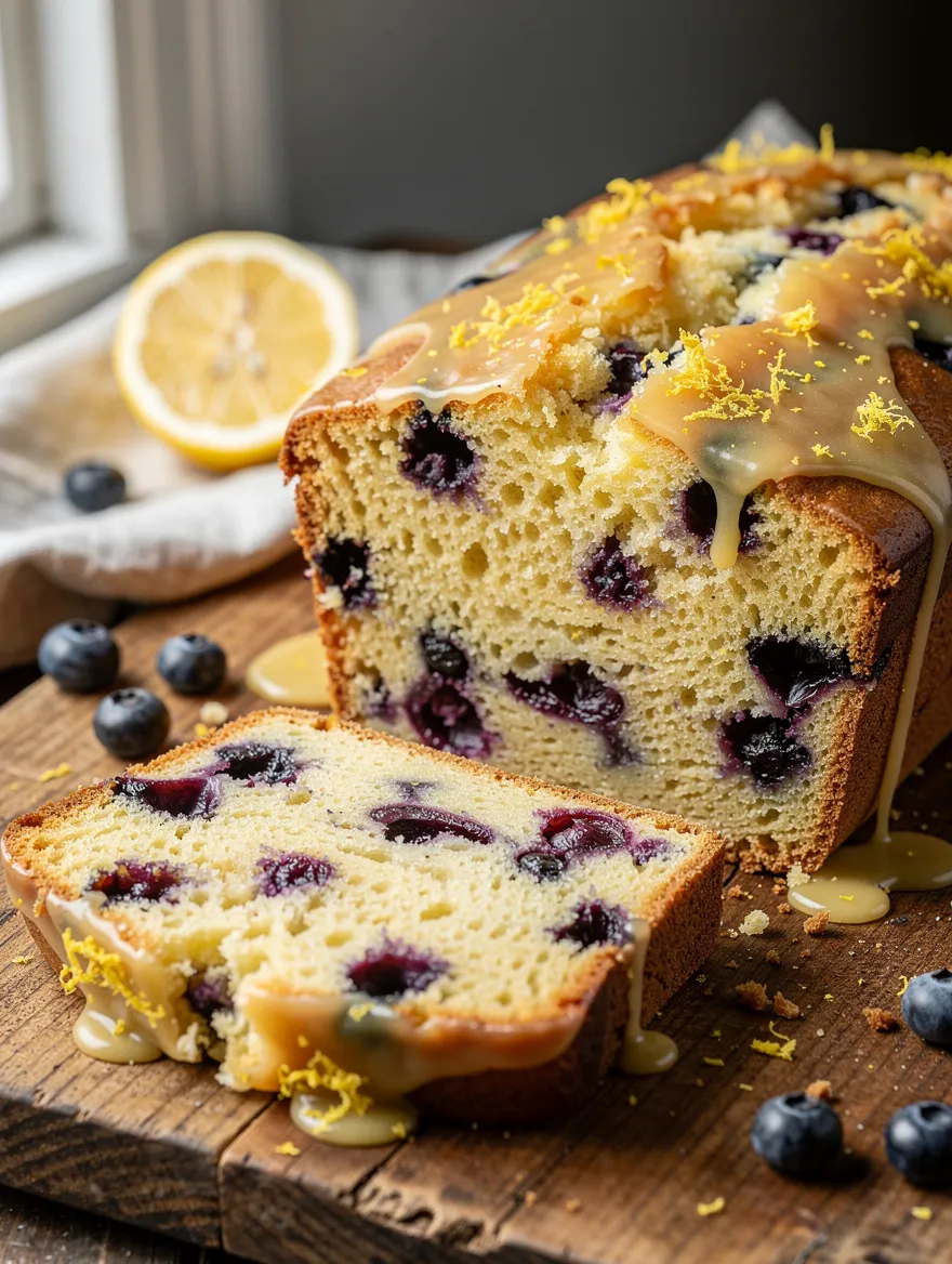 Lemon blueberry pound cake with glaze and fresh blueberries on a wooden board