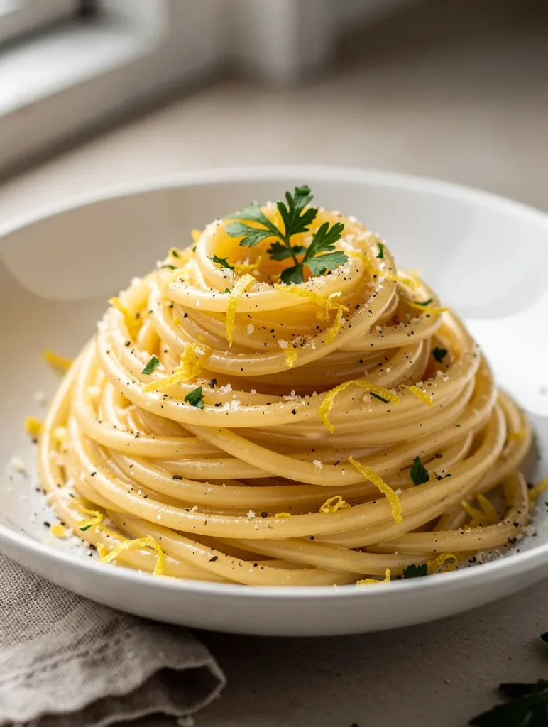 Creamy lemon parmesan spaghetti topped with parsley, lemon zest, and black pepper