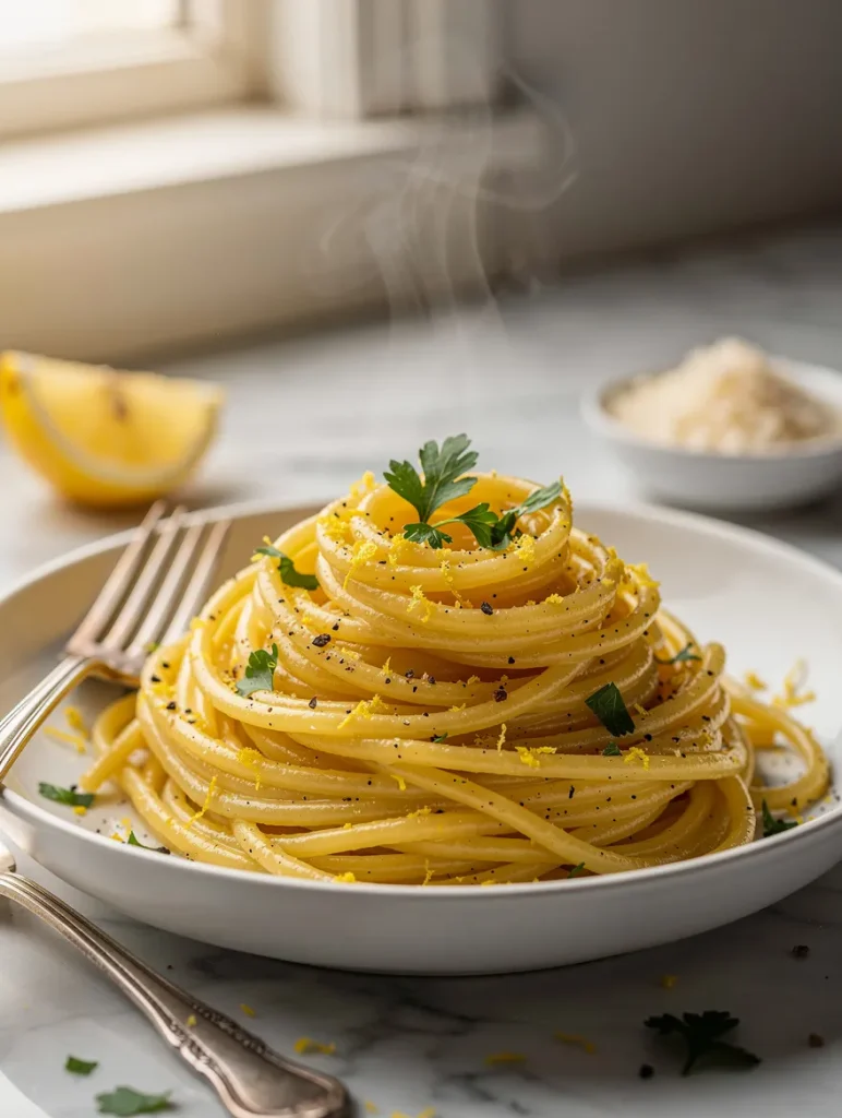 Hot lemon parmesan pasta with parsley, lemon zest, and cracked black pepper