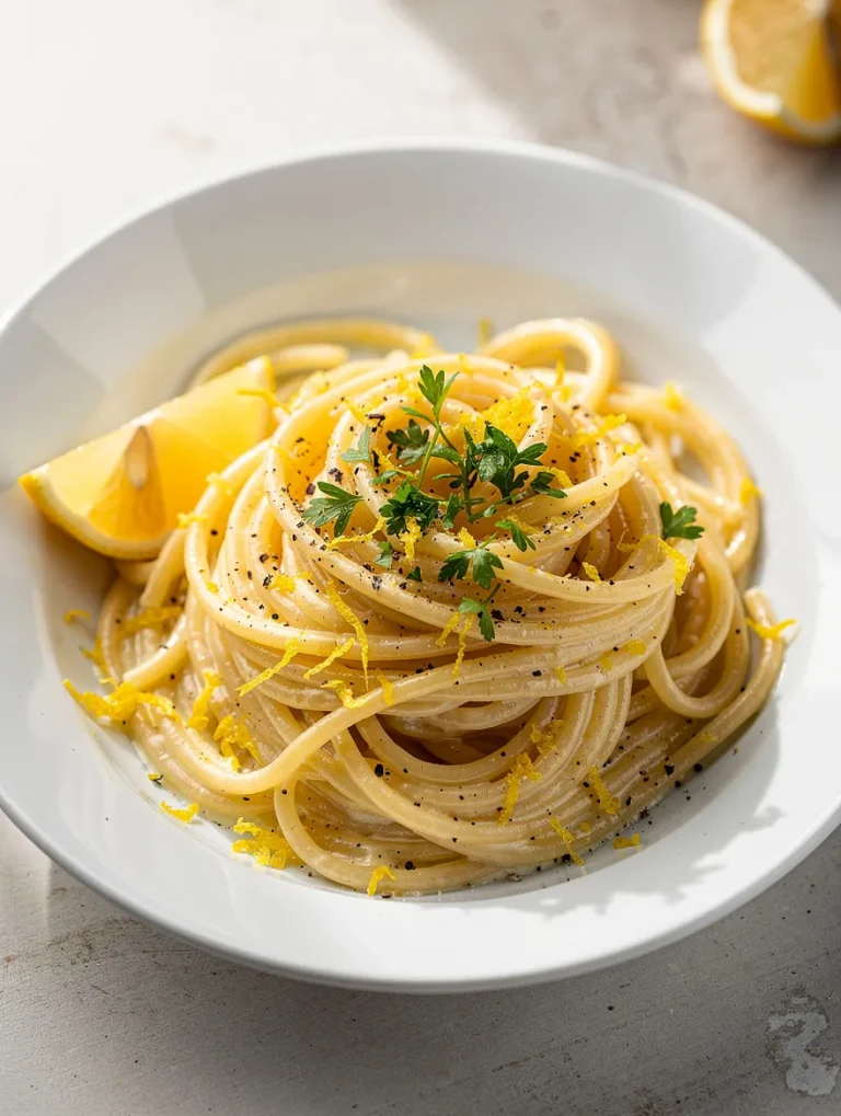 Creamy lemon parmesan pasta served in a white bowl with fresh lemon zest and parsley