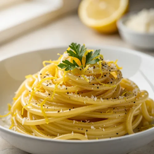 Creamy lemon parmesan spaghetti topped with parsley, parmesan, and lemon zest