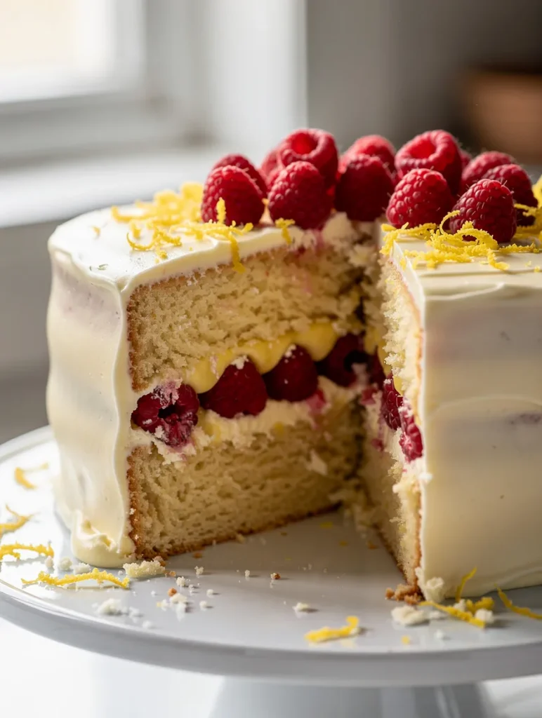 Lemon raspberry layer cake with creamy filling and fresh raspberries on top