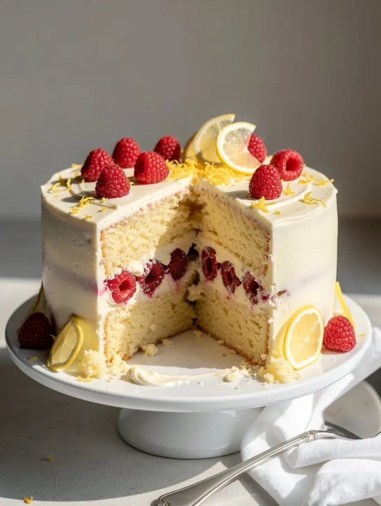 Lemon raspberry cake with fresh raspberries and lemon slices on top, partially sliced