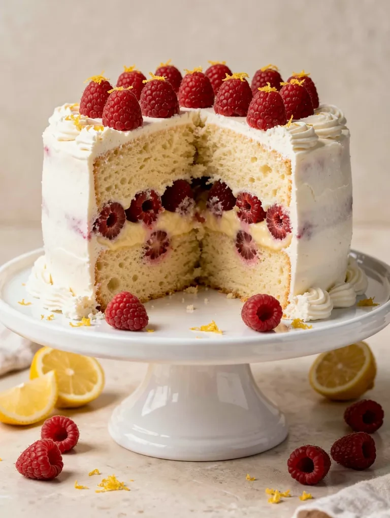 Lemon raspberry cake with fresh raspberries and cream filling on a cake stand