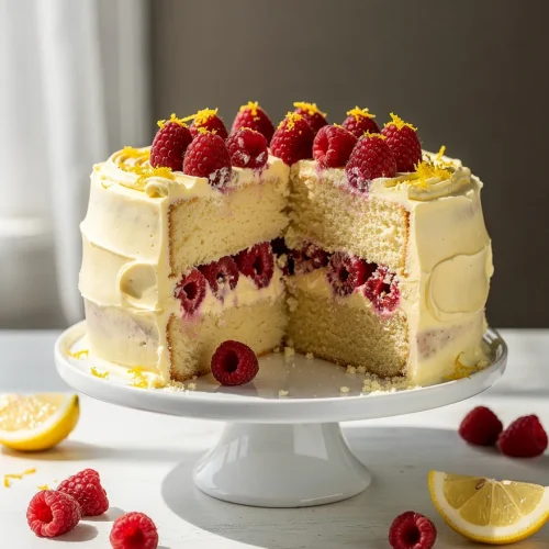 Lemon raspberry cake with creamy frosting, fresh raspberries, and lemon zest on a cake stand