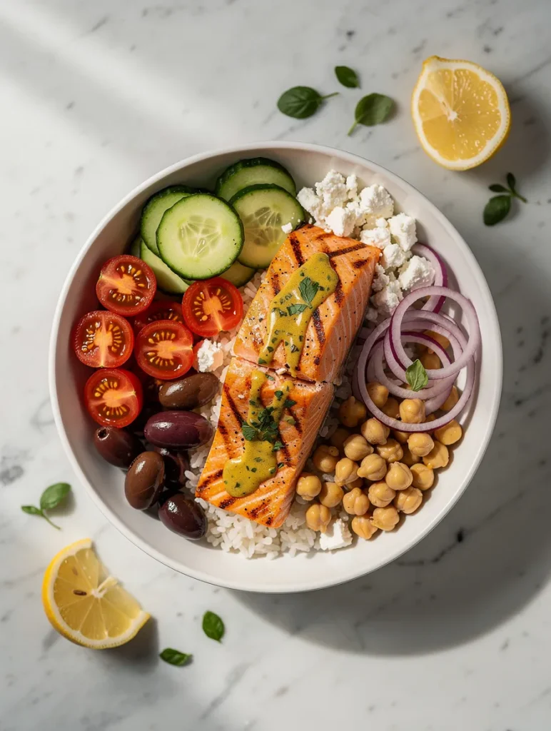 Mediterranean salmon bowl with grilled salmon, rice, feta cheese, olives, chickpeas, cucumbers, tomatoes, and lemon herb sauce.