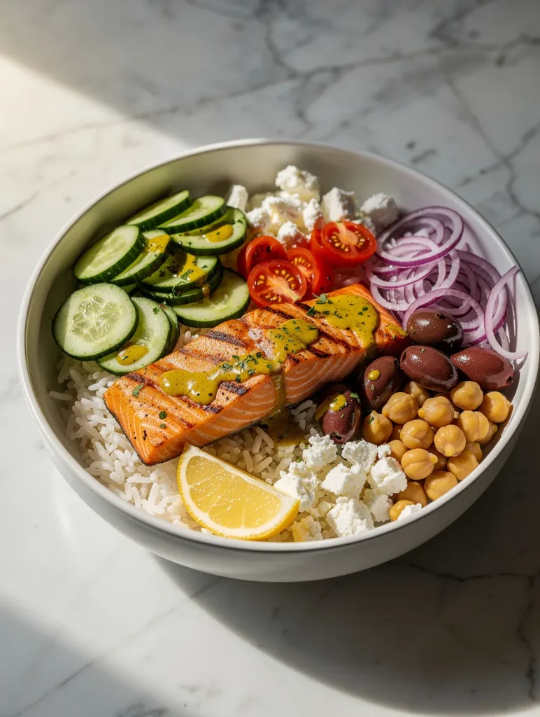 Mediterranean salmon bowl with grilled salmon, rice, cucumbers, tomatoes, feta cheese, olives, chickpeas, red onion, and lemon.