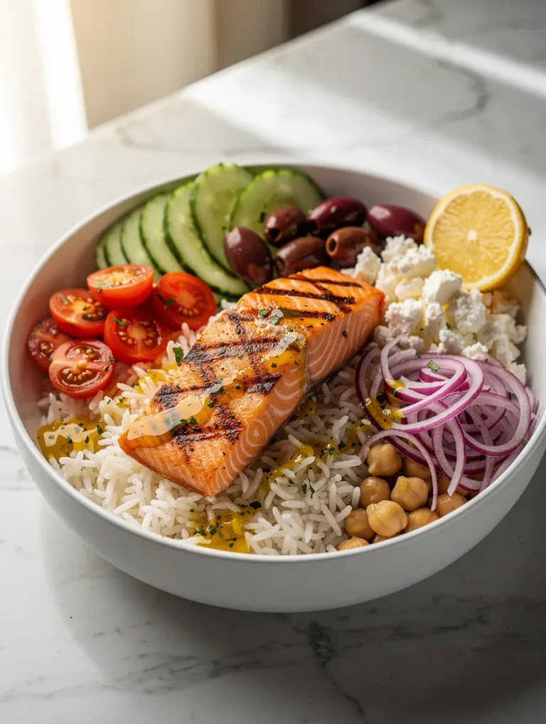 Mediterranean salmon bowl with grilled salmon, rice, cucumbers, tomatoes, olives, feta cheese, chickpeas, and red onions.