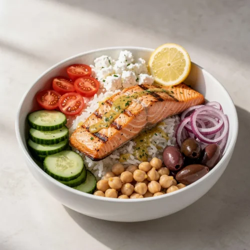 Mediterranean salmon bowl recipe with grilled salmon, rice, cucumbers, tomatoes, feta cheese, olives, chickpeas, and red onions.