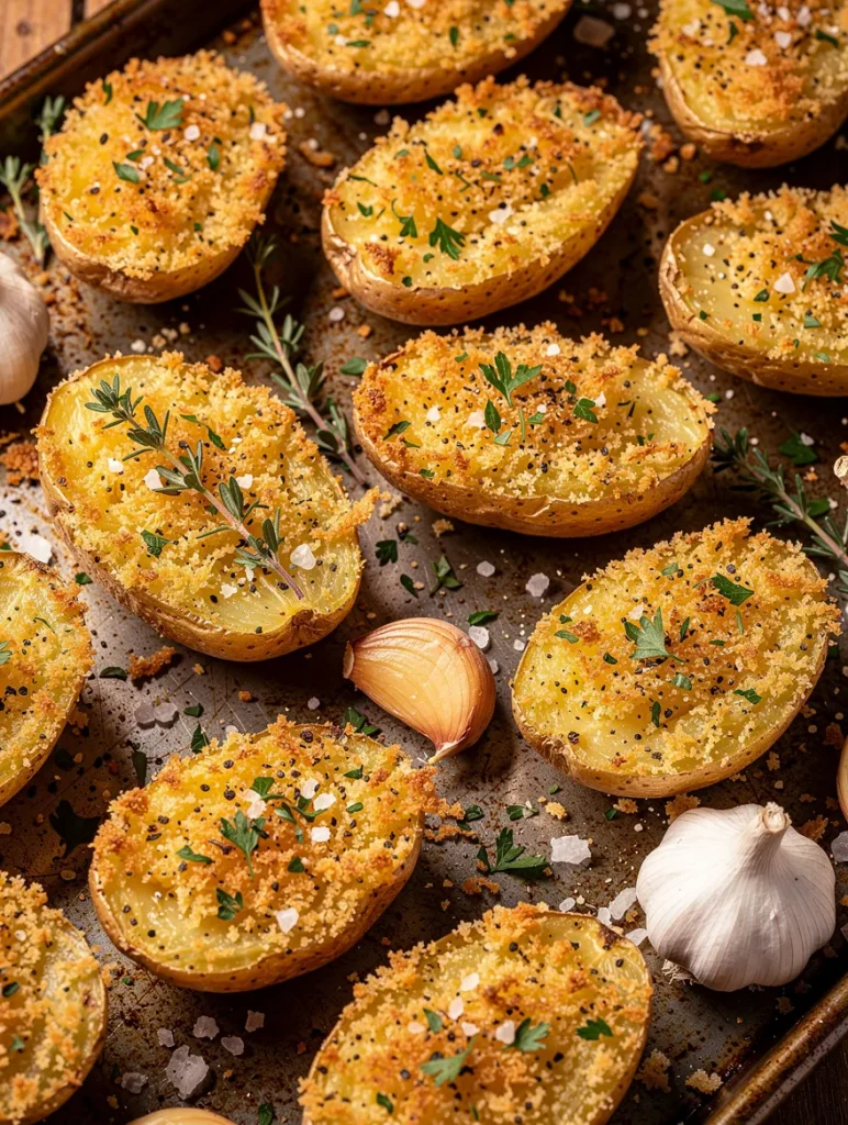 Oven roasted parmesan crusted potatoes with herbs and crispy golden topping