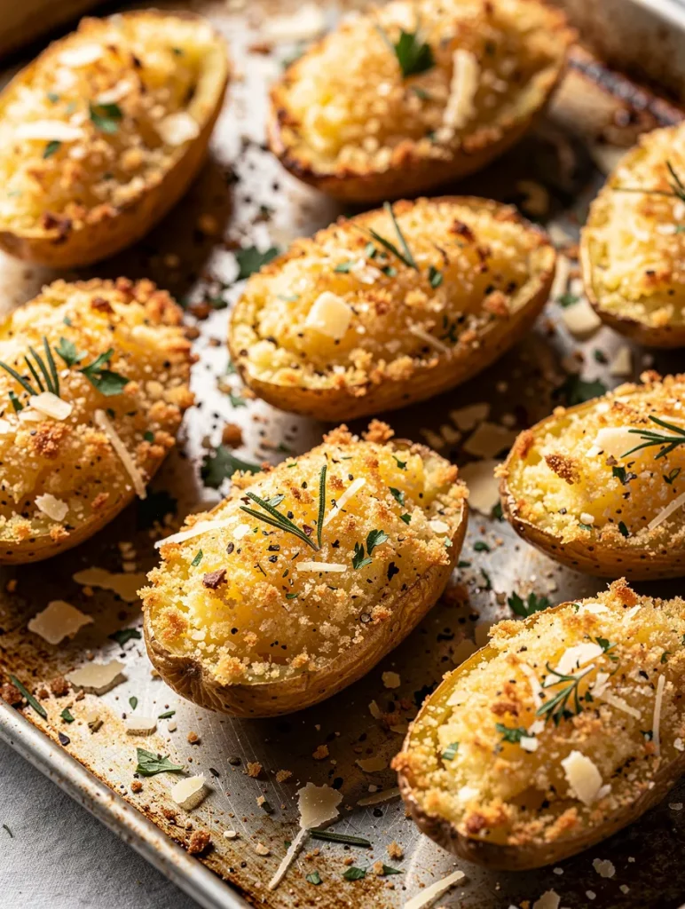 Parmesan crusted roasted potatoes with crispy cheesy topping and fresh herbs