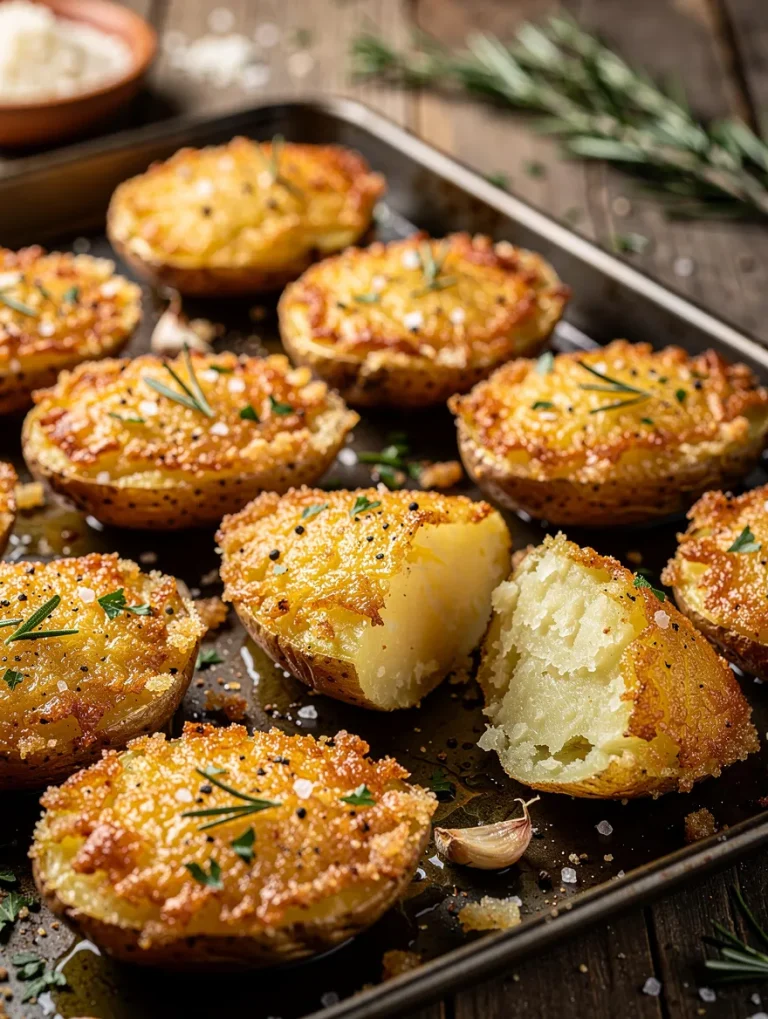 Crispy parmesan crusted potatoes baked until golden brown on a sheet pan