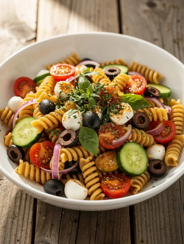 Italian pasta salad with rotini pasta, cucumbers, cherry tomatoes, olives, mozzarella balls, and basil in a white bowl.