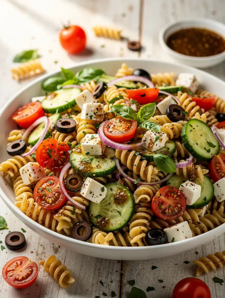 Fresh pasta salad with Italian dressing, cucumbers, tomatoes, olives, feta cheese, and rotini pasta in a white serving bowl.