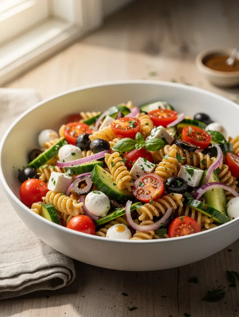 Pasta salad with Italian dressing, cherry tomatoes, cucumbers, olives, mozzarella, and red onions in a white bowl.