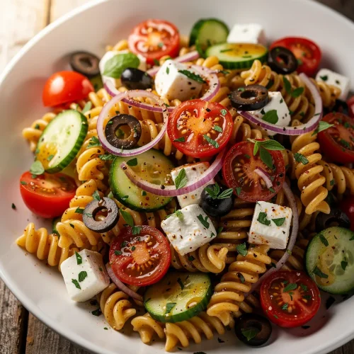 Italian pasta salad recipe with rotini pasta, cherry tomatoes, cucumbers, feta cheese, olives, and red onions in a white bowl.
