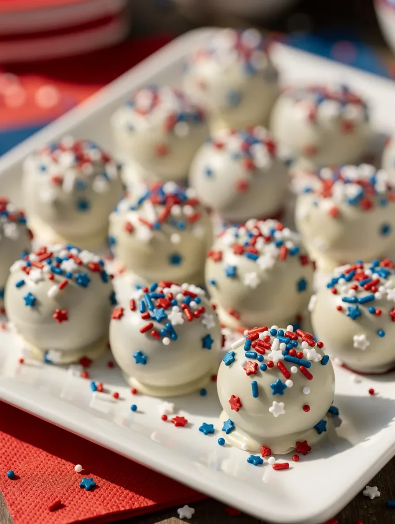 White chocolate patriotic Oreo balls with red, white, and blue sprinkles