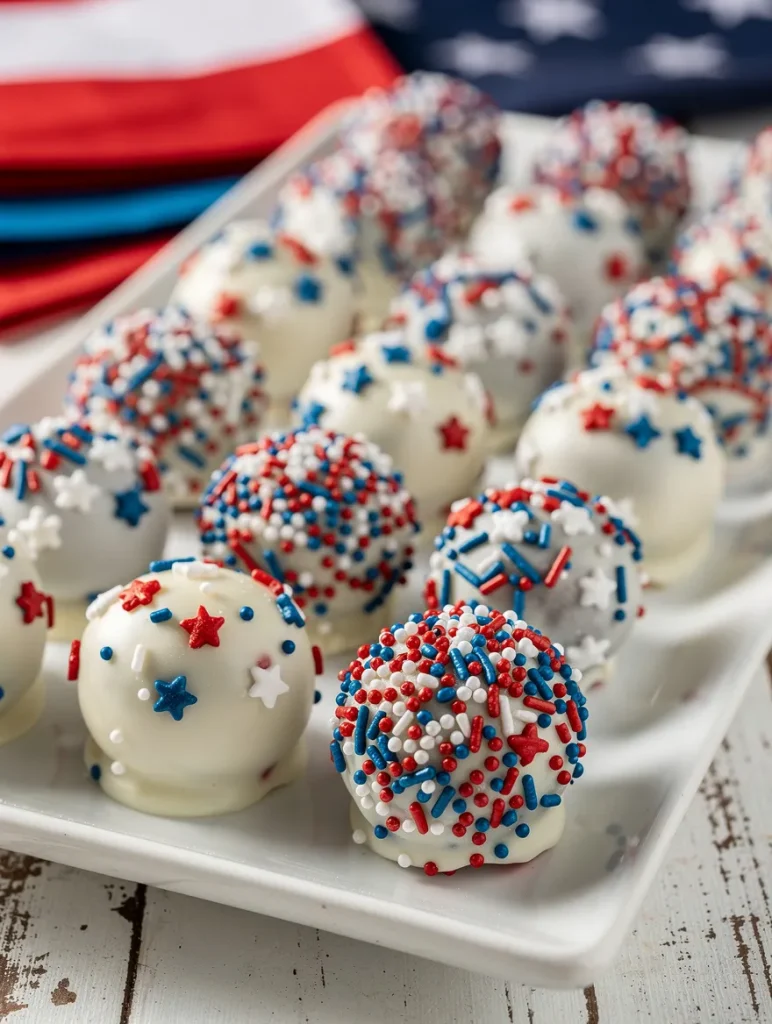 Patriotic Oreo balls decorated with red, white, and blue sprinkles and stars