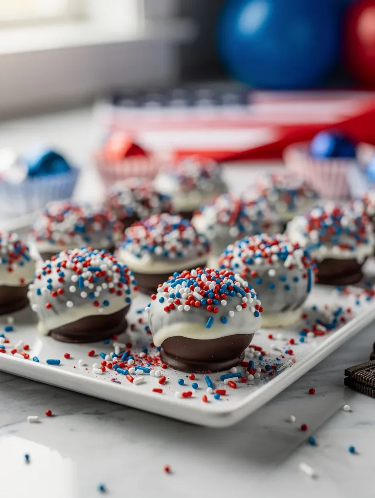 Patriotic Oreo balls coated in white chocolate with red, white, and blue sprinkles