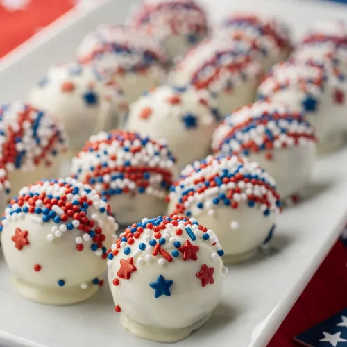 Patriotic Oreo truffles coated in white chocolate with festive red, white, and blue decorations