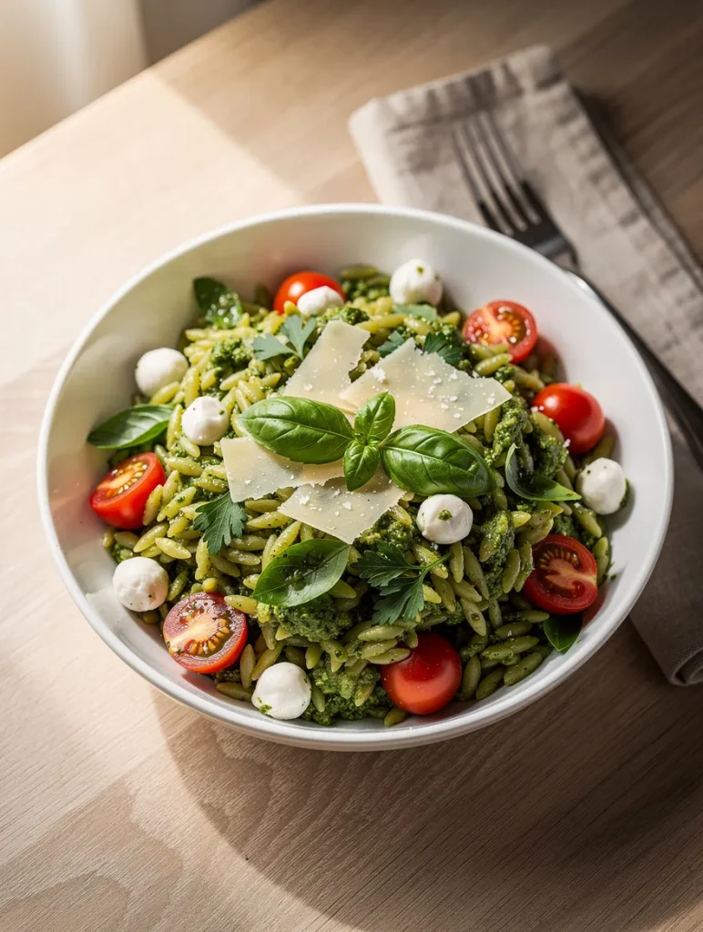 Bowl of pesto orzo salad with cherry tomatoes, mozzarella balls, basil, and parmesan cheese on a wooden table