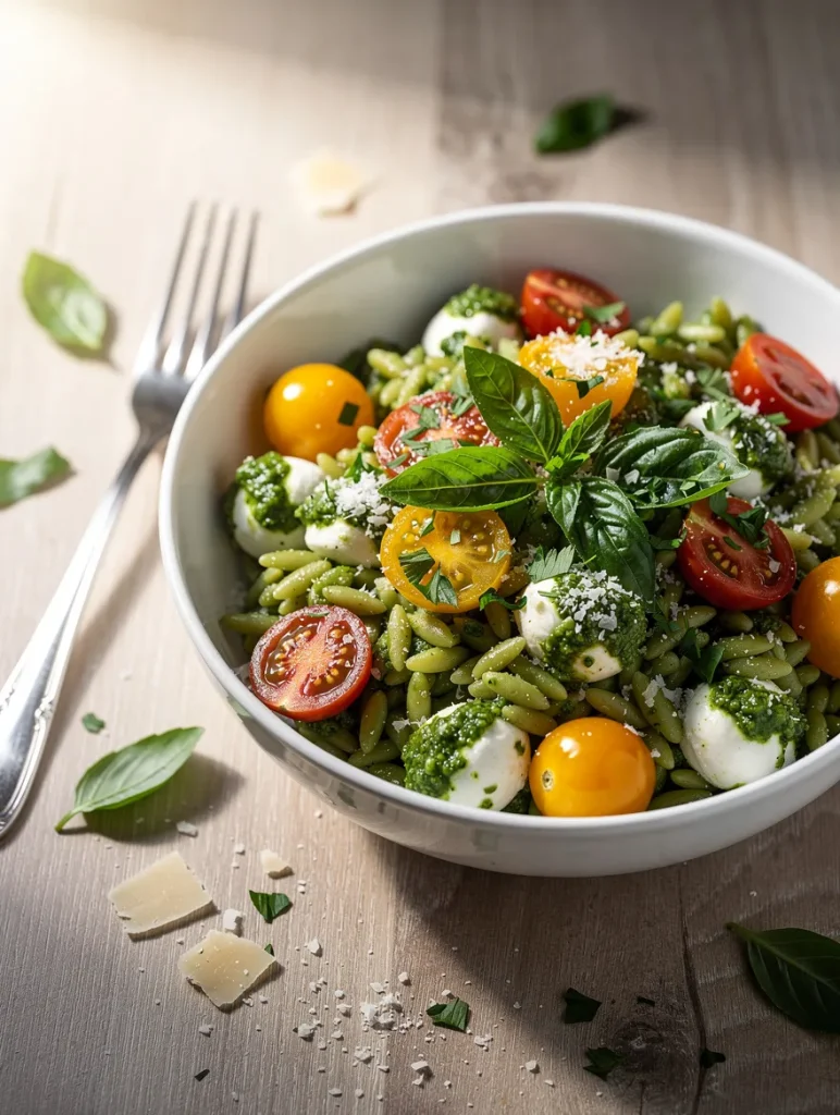Fresh pesto orzo salad with mozzarella pearls, cherry tomatoes, basil, and parmesan in a white bowl