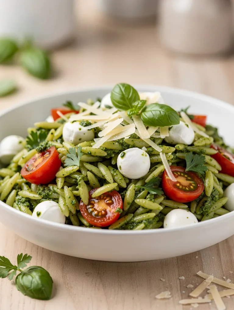 Pesto Orzo Salad with cherry tomatoes, mozzarella pearls, fresh basil, and shaved parmesan in a white bowl