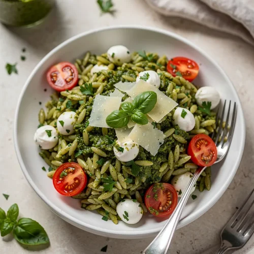 Pesto orzo salad recipe with mozzarella balls, cherry tomatoes, basil, and parmesan cheese in a white bowl