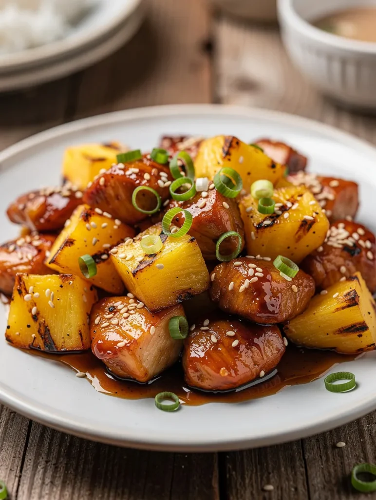 Pineapple teriyaki chicken with grilled pineapple, sesame seeds, and green onions