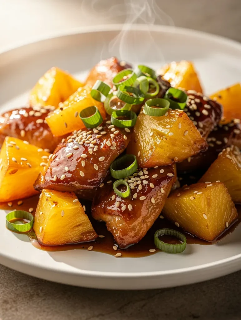 Pineapple teriyaki chicken with sesame seeds and green onions
