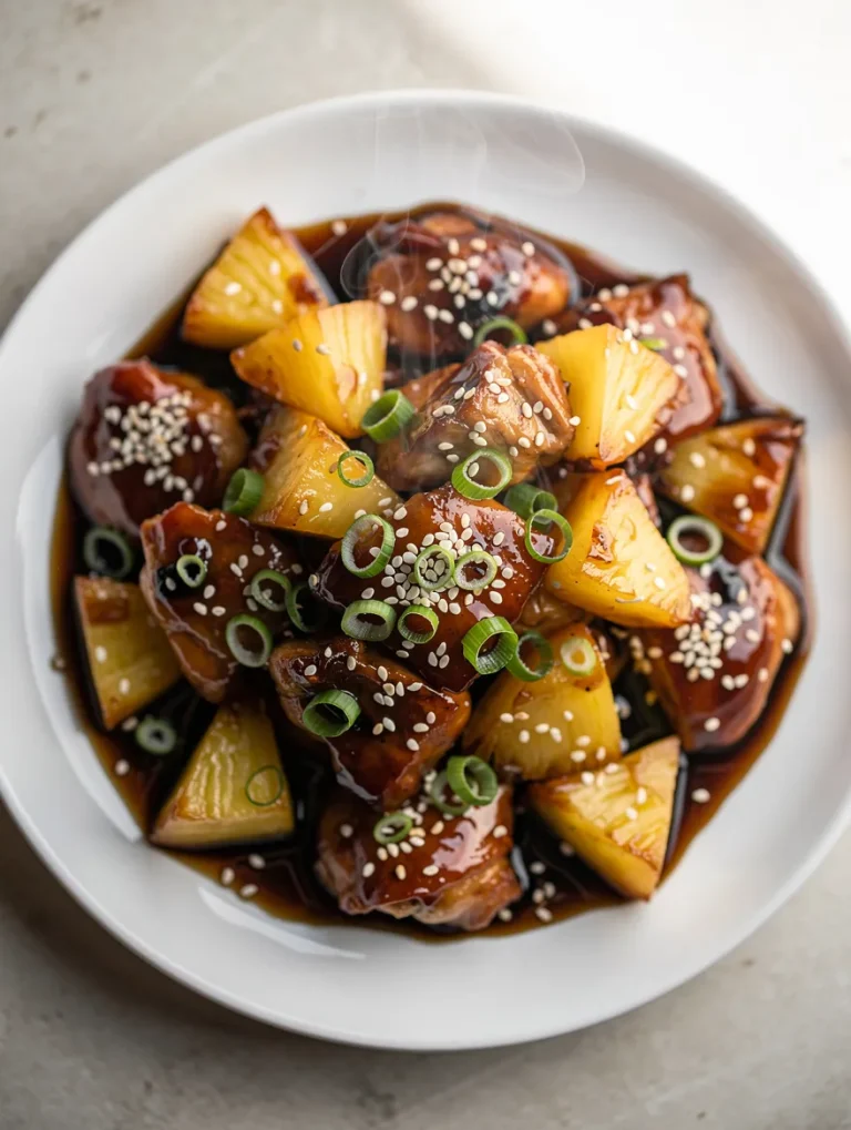 Pineapple teriyaki chicken with sesame seeds and green onions