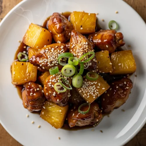 Pineapple teriyaki chicken with sesame seeds and green onions on a white plate