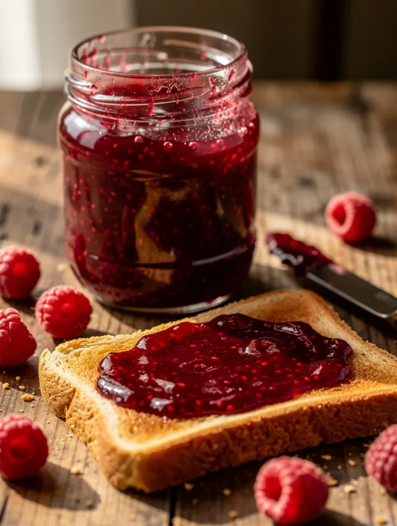 Raspberry jam spread on toast with open jar and fresh raspberries