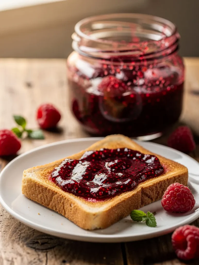 Toast topped with raspberry jam and jar of homemade jam in background