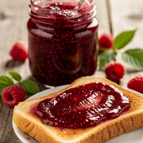 Toast with raspberry jam and jar of homemade jam with spoon