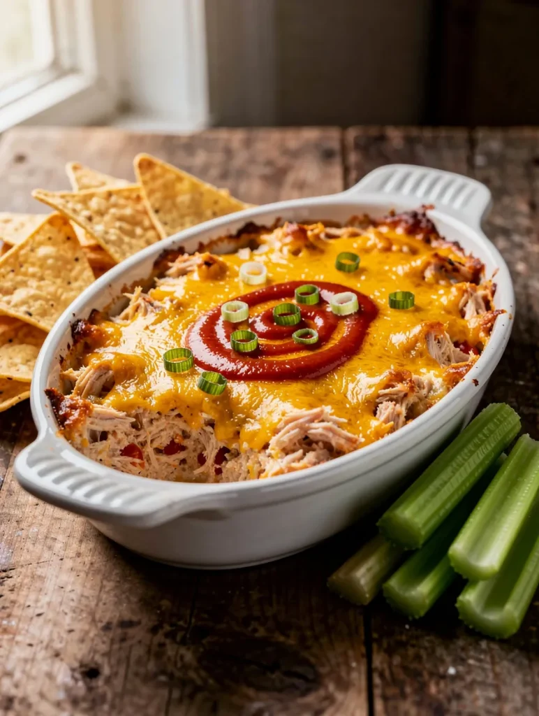 Baked Red Hot Buffalo chicken dip with melted cheese, buffalo sauce swirl, tortilla chips, and celery sticks