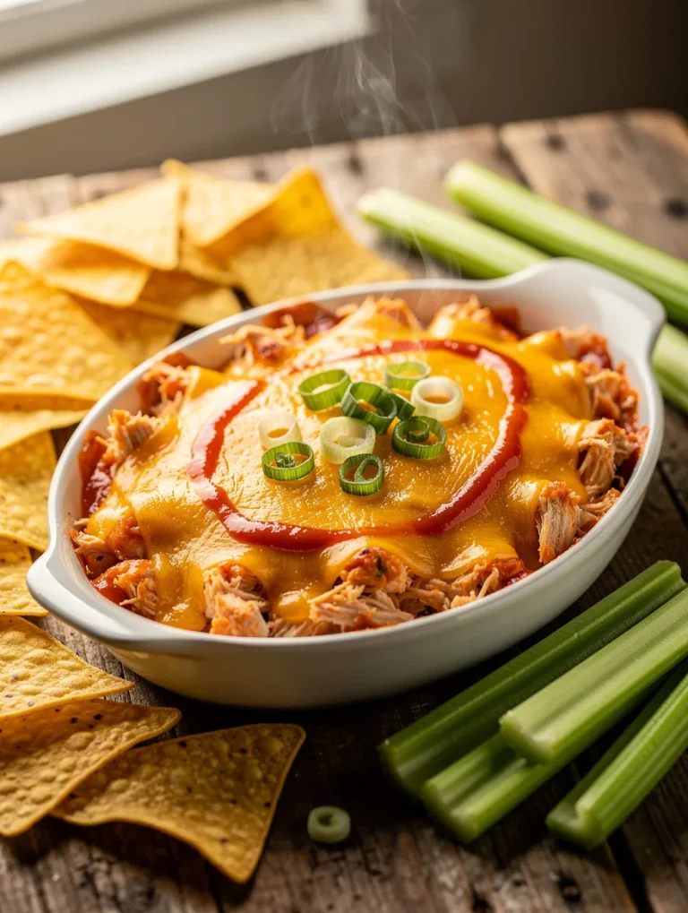 Red Hot Buffalo chicken dip topped with melted cheddar cheese and green onions, served with tortilla chips and celery sticks