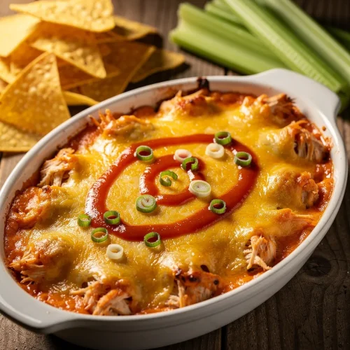 Baked Red Hot Buffalo chicken dip with melted cheese and buffalo sauce served with tortilla chips and celery sticks