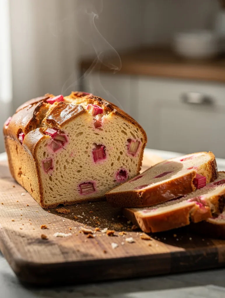 Fresh rhubarb bread loaf with slices on wooden cutting board
