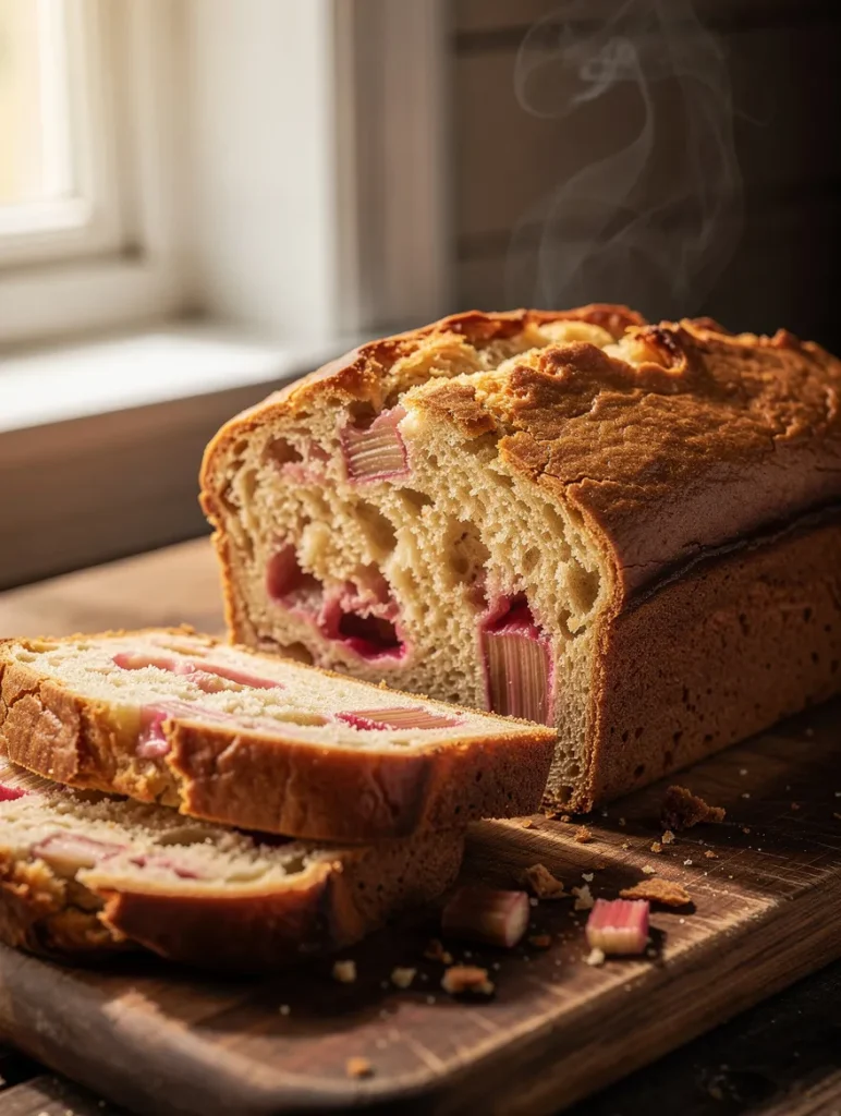 Sliced rhubarb bread loaf with steam on wooden board