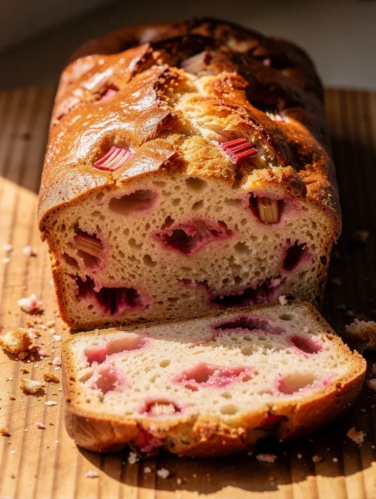 Homemade rhubarb bread loaf with sliced piece on wooden board