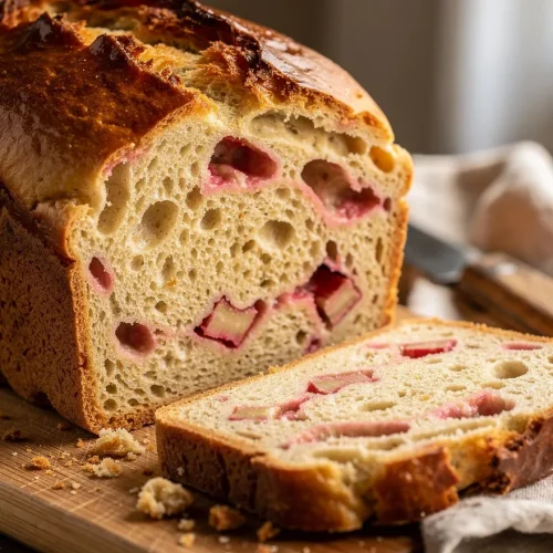 Close-up of sliced rhubarb bread loaf with visible pink rhubarb pieces