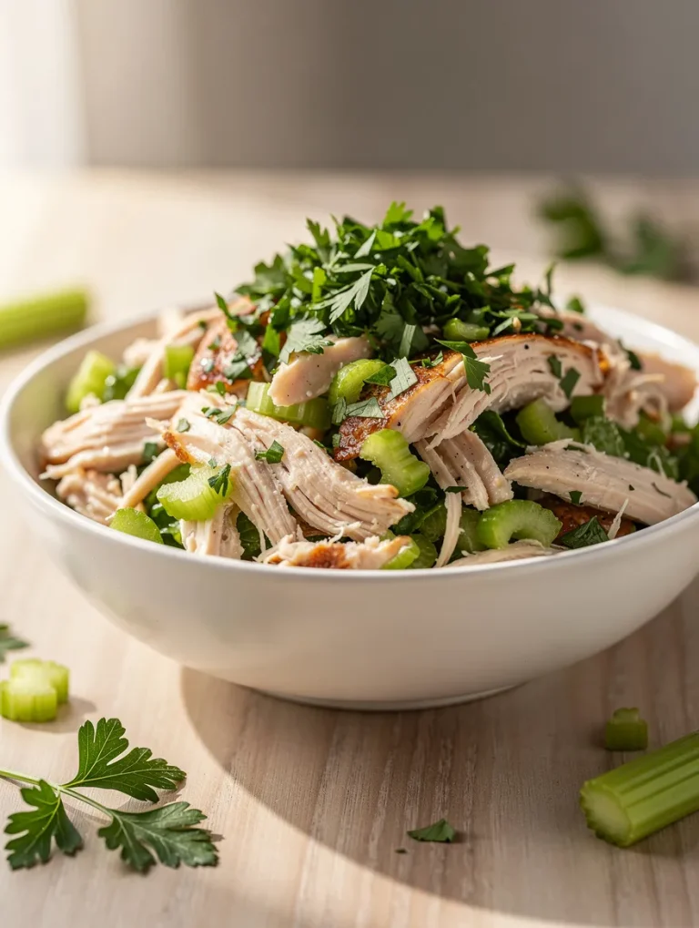 Rotisserie chicken salad with celery, herbs, and lime in a white bowl