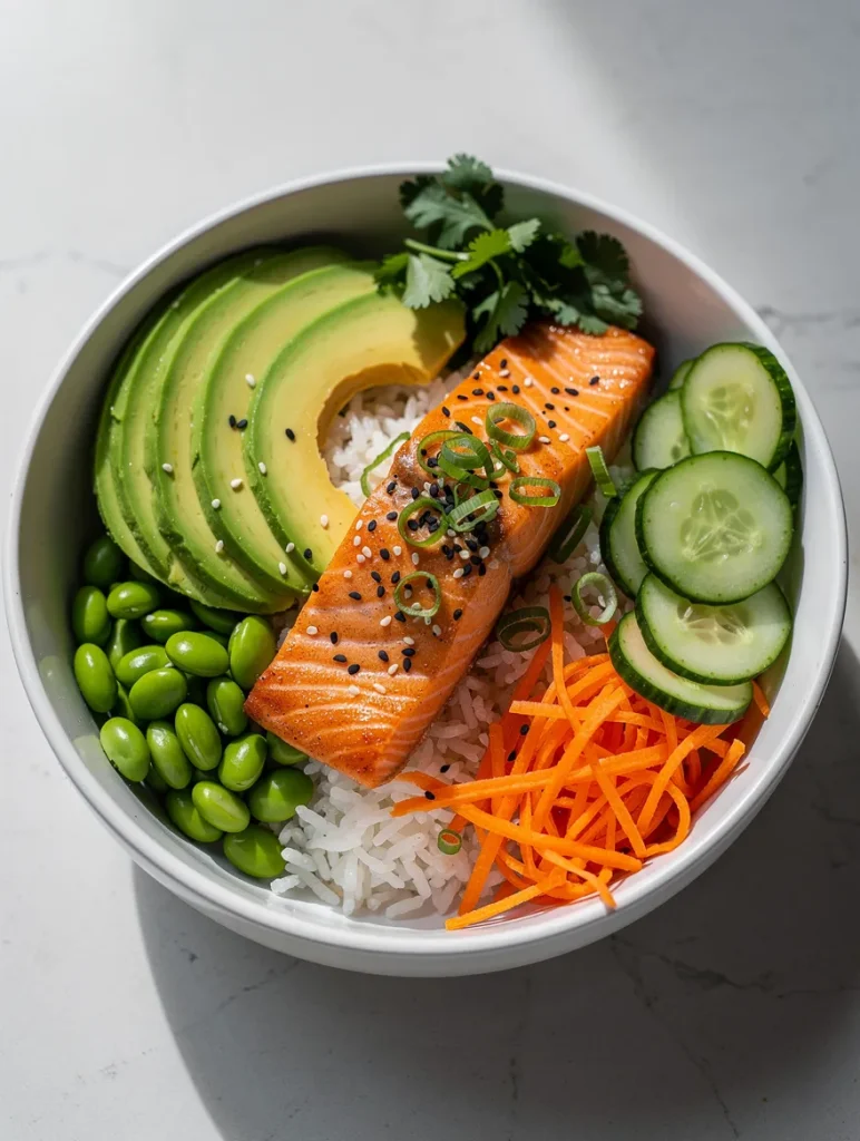 Salmon avocado bowl with rice, avocado slices, cucumber, edamame, shredded carrots, and sesame seeds.