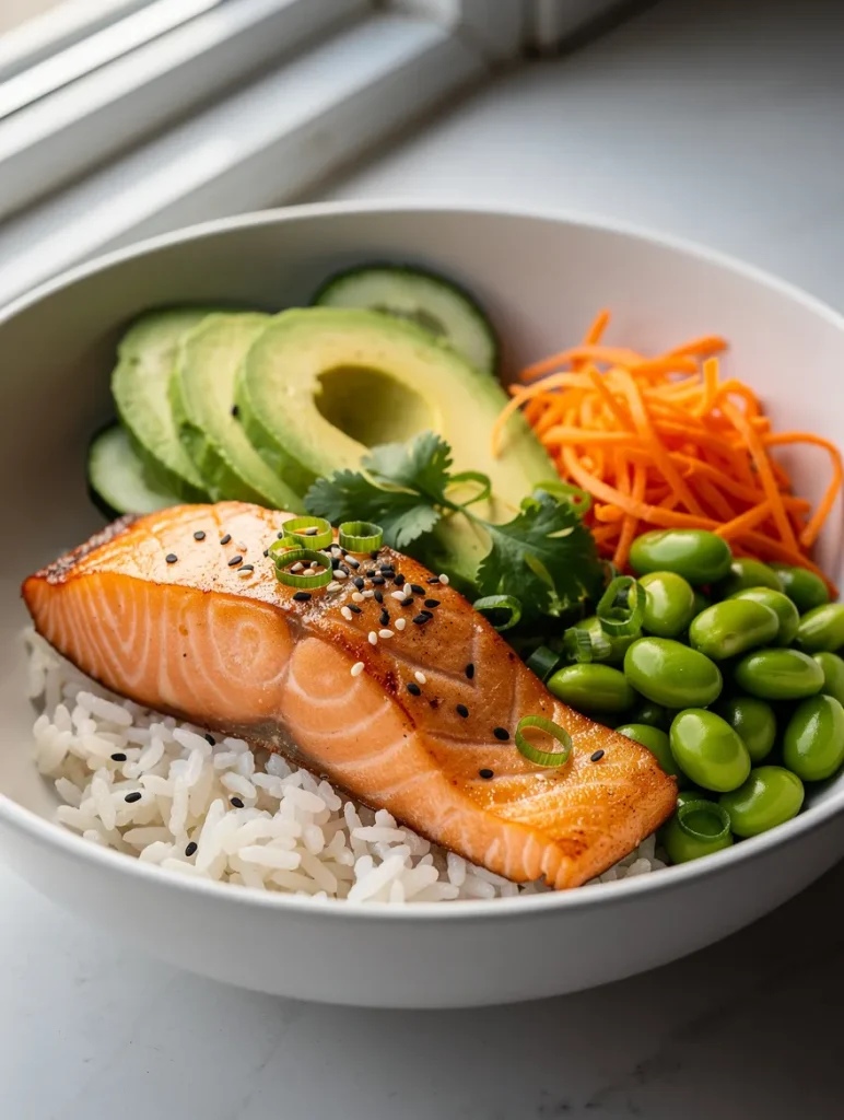 Salmon avocado bowl with grilled salmon, rice, avocado, edamame, shredded carrots, and cucumber slices.