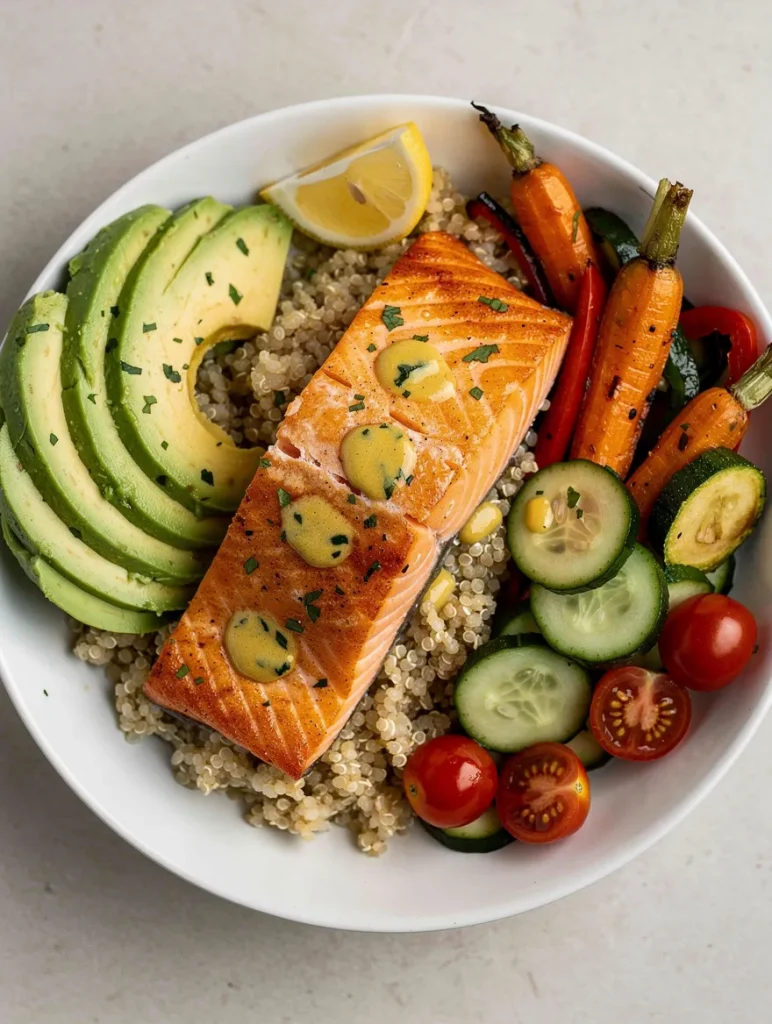 Salmon quinoa bowl with avocado, quinoa, roasted carrots, cucumbers, cherry tomatoes, and lemon butter sauce.