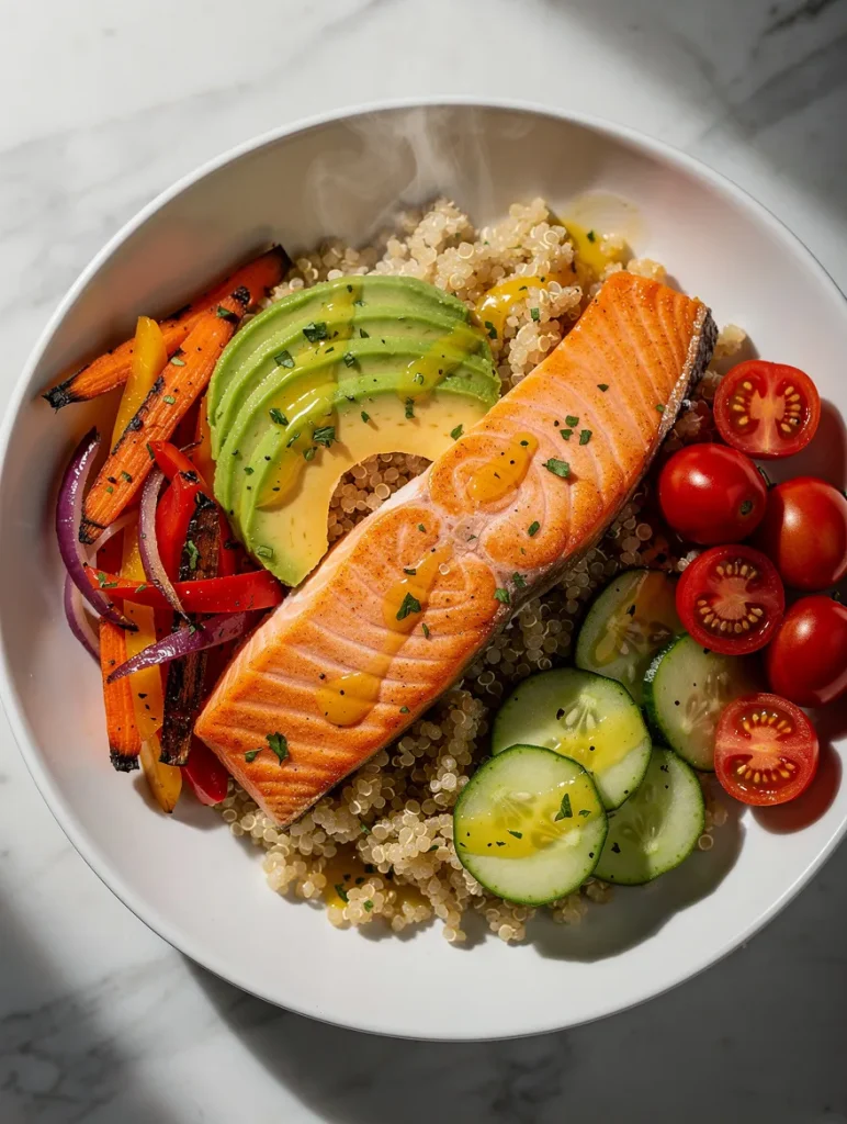 Salmon quinoa bowl with avocado, roasted vegetables, cucumbers, cherry tomatoes, and quinoa.