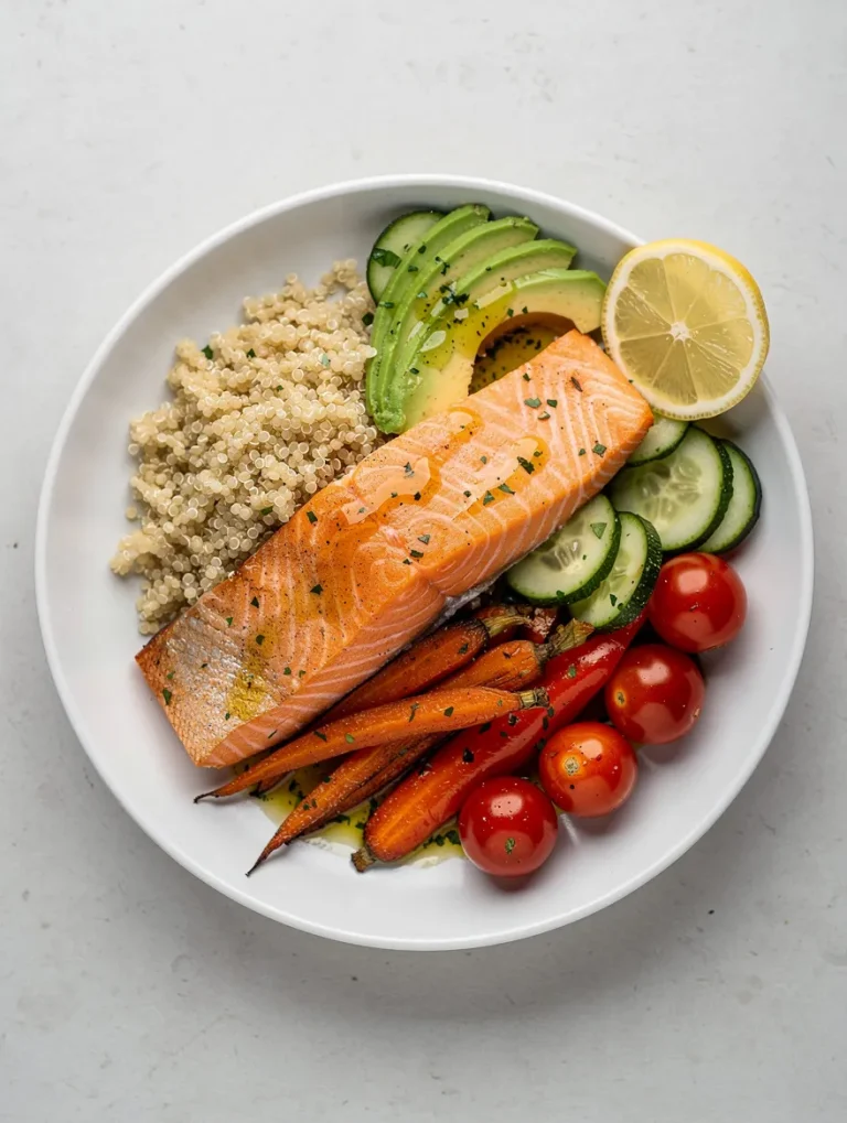 Salmon quinoa bowl with avocado, cucumbers, roasted carrots, cherry tomatoes, and lemon.