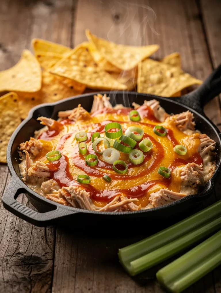 Smoked buffalo chicken dip in a cast iron skillet topped with melted cheese and green onions